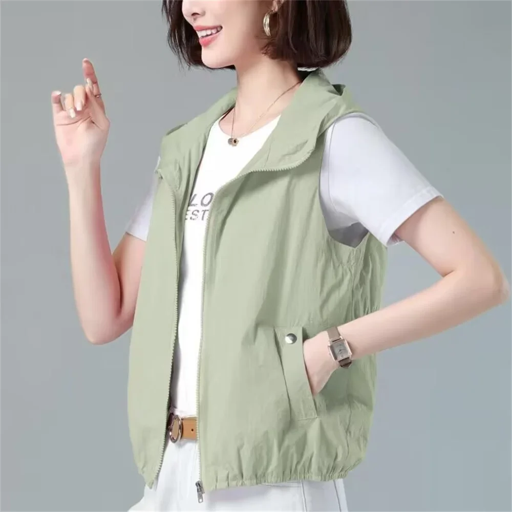 여성용 후드 자외선 차단 조끼, 용수철 여름 캐주얼 민소매 얇은 조끼 재킷, 짧은 숙녀 탑 아우터, 2024 신상