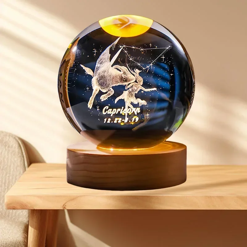 12 Constellation 3DGlass Craft Decoration Crystal Ball Laser Engraved Birthday Solar System Gift Wooden Base Home Desktop Decor