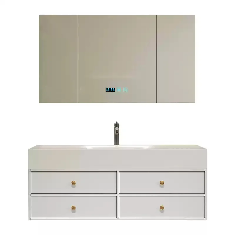 

Highlight bathroom vanity with integrated sink and illuminated all-white style cabinets