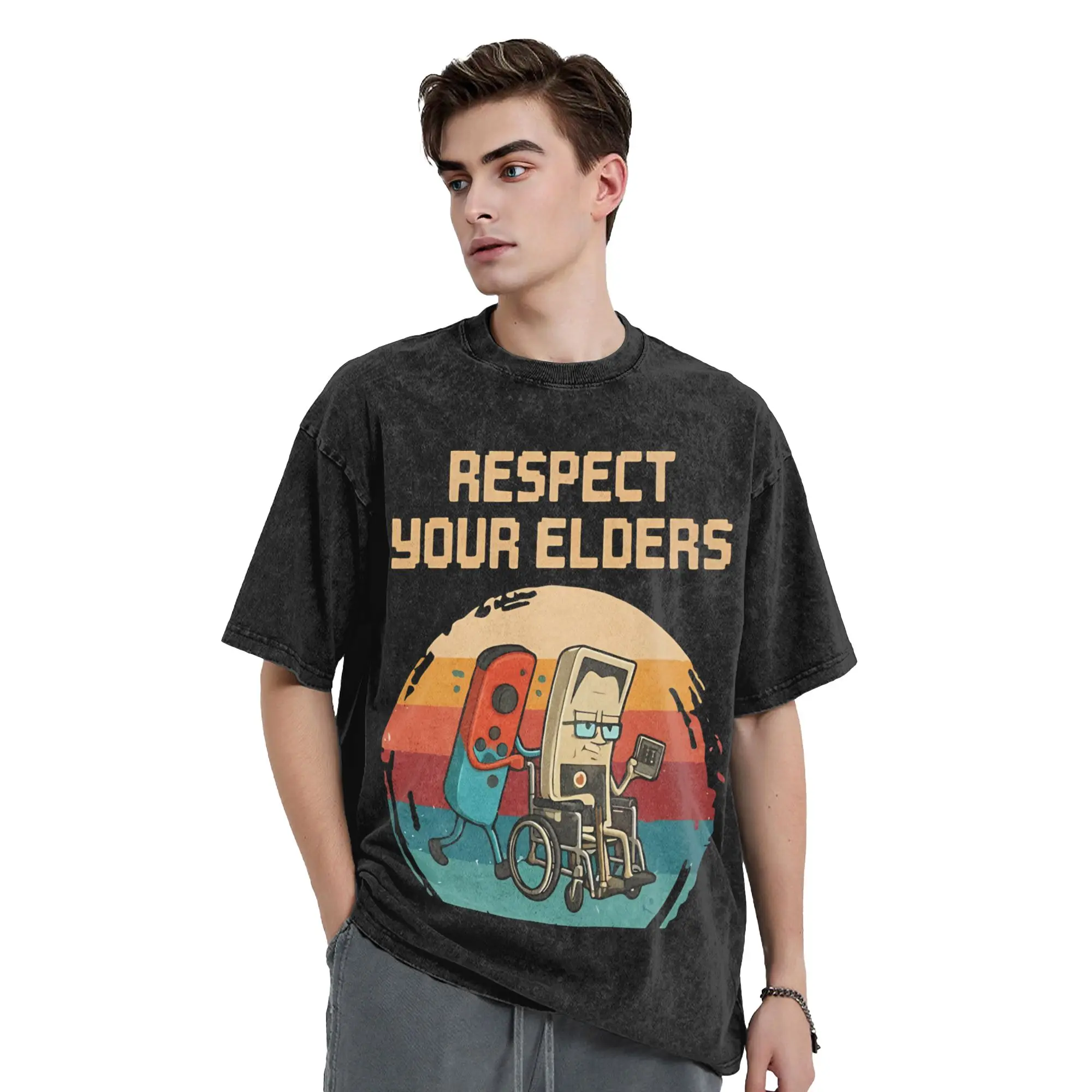Respect Your Elders Gaming Control Retro Vintage Washed T Shirt Men Cotton Top Tee Vintage Video Game  O-neck Short Sleeve