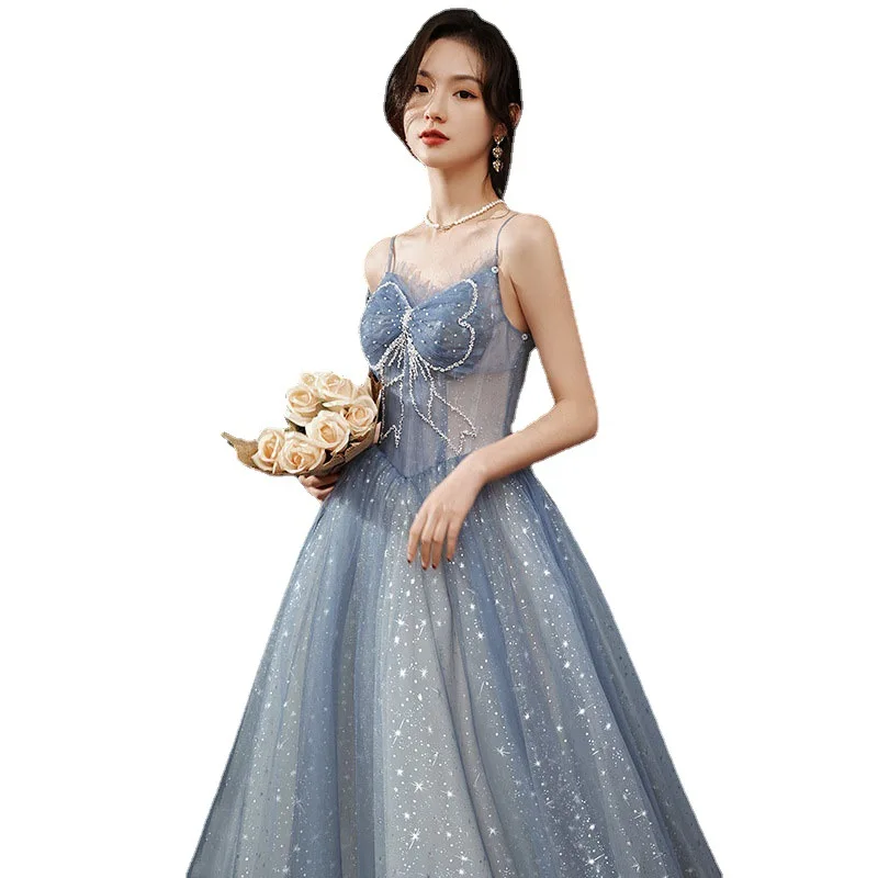 Elegant Blue Evening Dress 2022 New Adjustable Sleeves Sweet Bow Sequin Starry Tulle Long Birthday Party Gonws