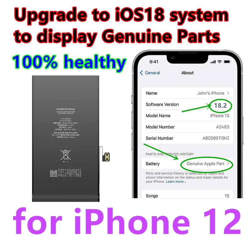 

Battery for iPhone 12 Pro Settings iOs18 No Pop-up Message Health 100% No Welding Required and No Tag-on,Genuine Parts