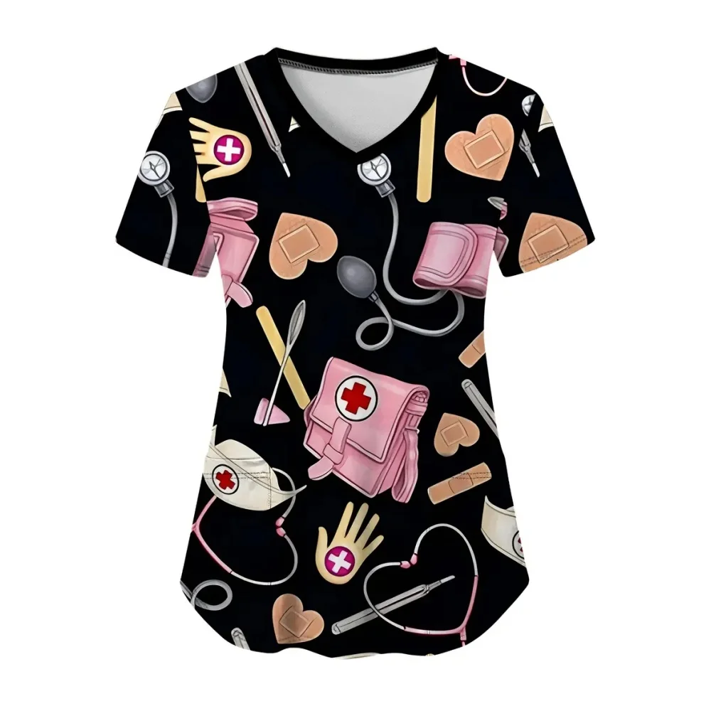 Clinical Uniform Woman Designer Cartoon Printing V-Neck Dental Scrubs Woman Summer Short Sleeves with Pockets Surgical Uniforms