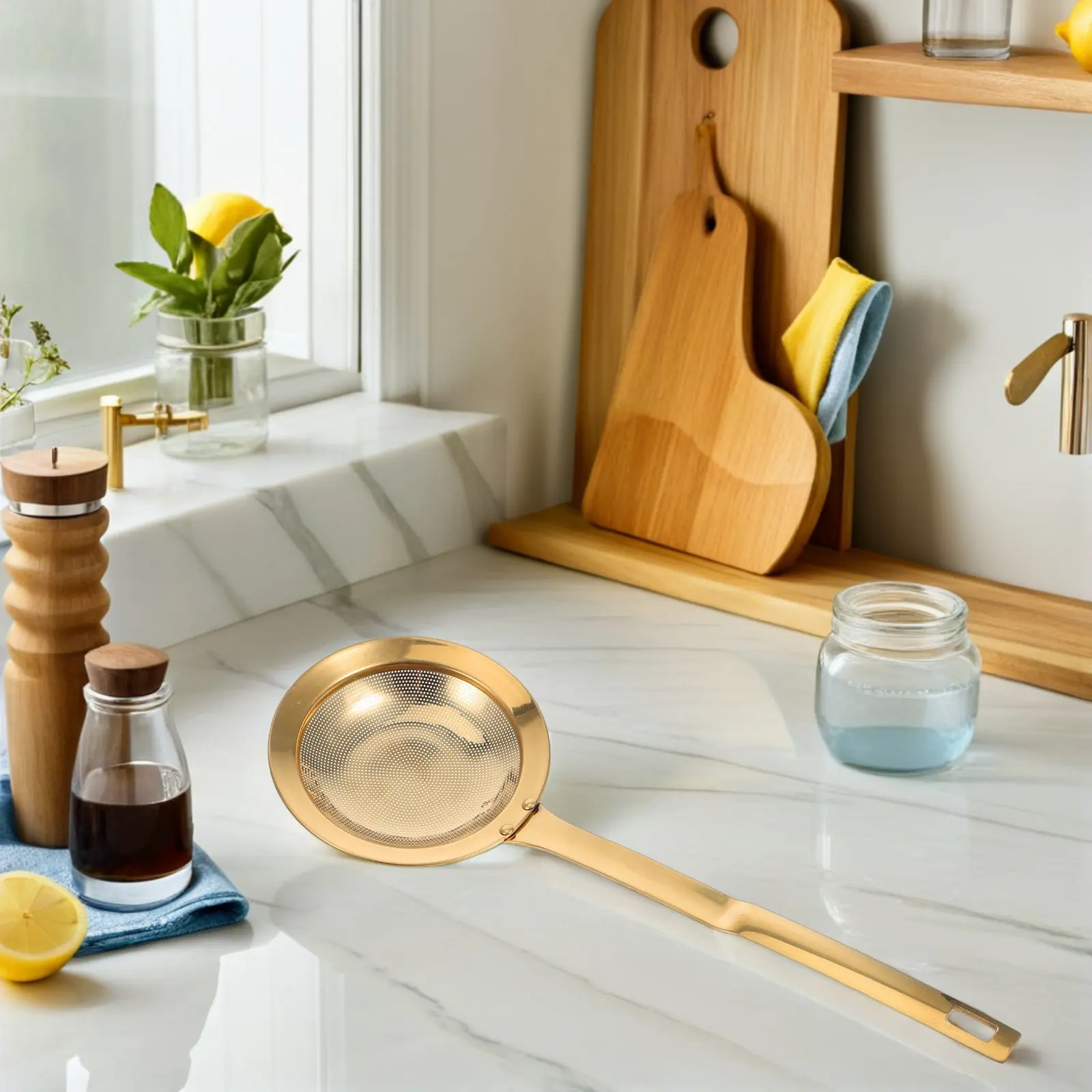 Gold Stainless Steel Fine Mesh Oil Separator Spoon Frying Skimmer Ladle Fat Strainer Deep Fryer Hot Pot Broth Cooking Strainer