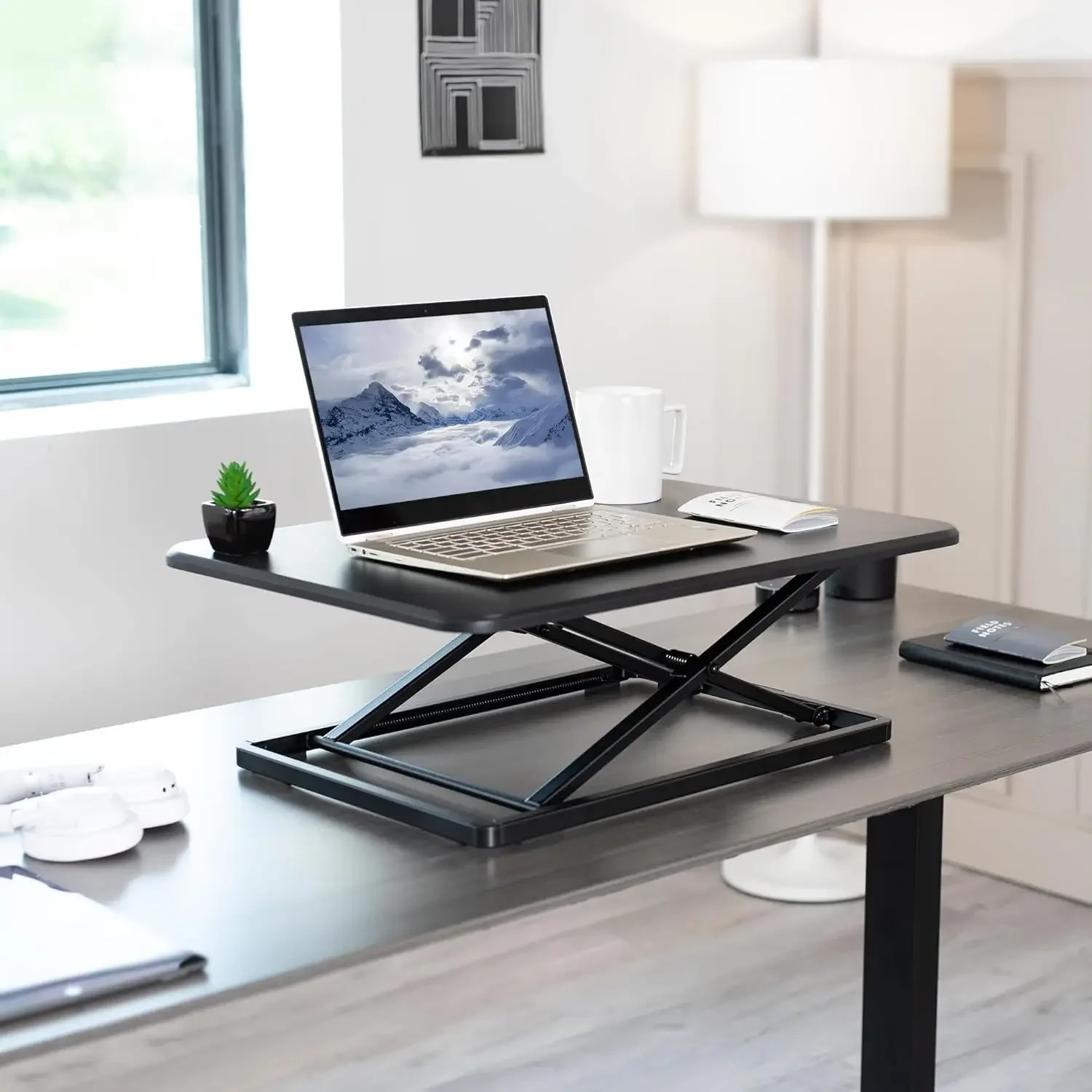 Ultra-Slim Single Top Height Adjustable Standing Desk Riser, Compact Sit Stand Desktop Converter for Monitor or Laptop, Black, D