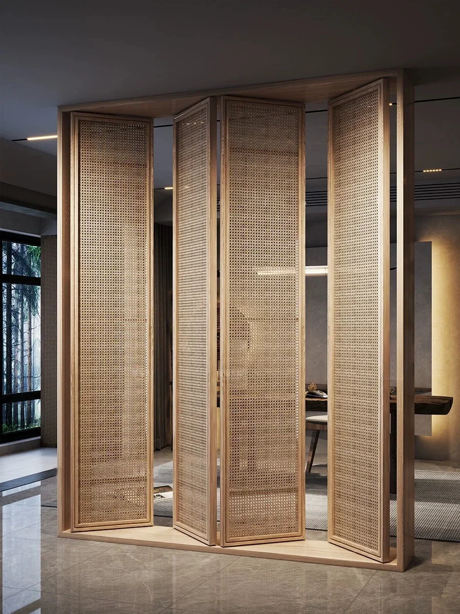 2026 Partition wall company solid wood rattan woven screen partition modern simple living room entrance barrier screen