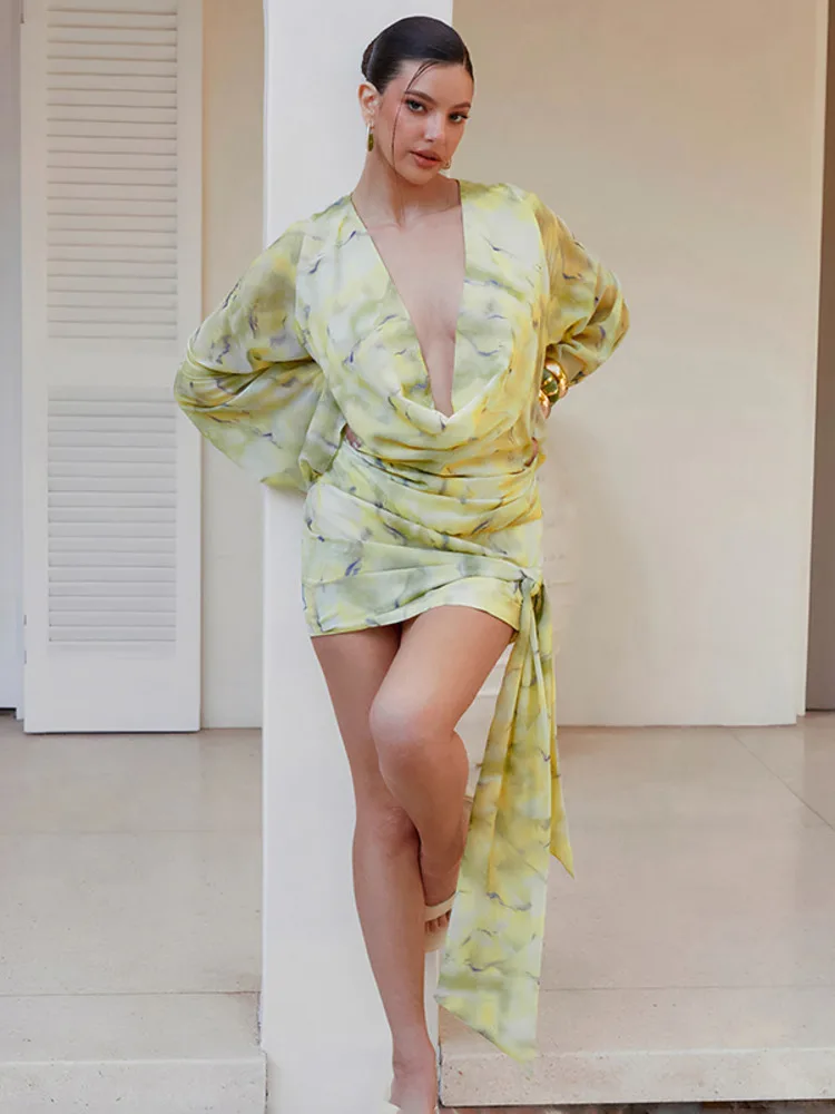 モジション タイダイ柄 プリント 長袖 セクシー ミニドレス レディース ガウン エレガント ディープVネック ドレープ ラッフル クラブ パーティー ドレス ファッション