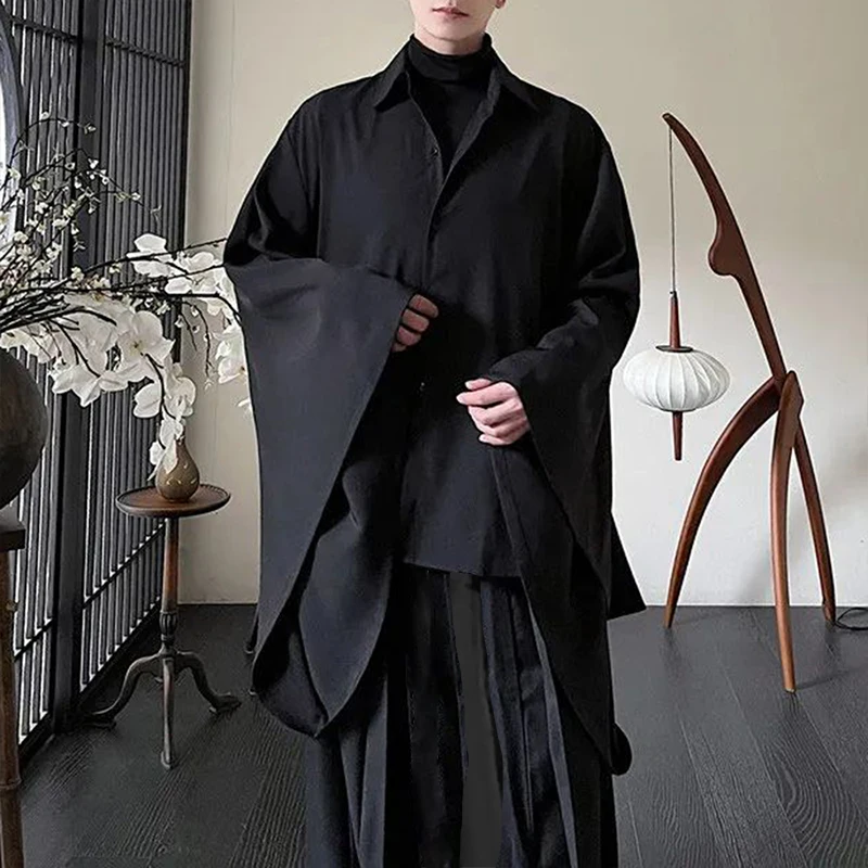 

New Japanese Retro Men Dark Style Irregular Casual Shirt Autumn Genderless Solid Color Loose Bat Sleeve Long Sleeve Shirts S-2XL