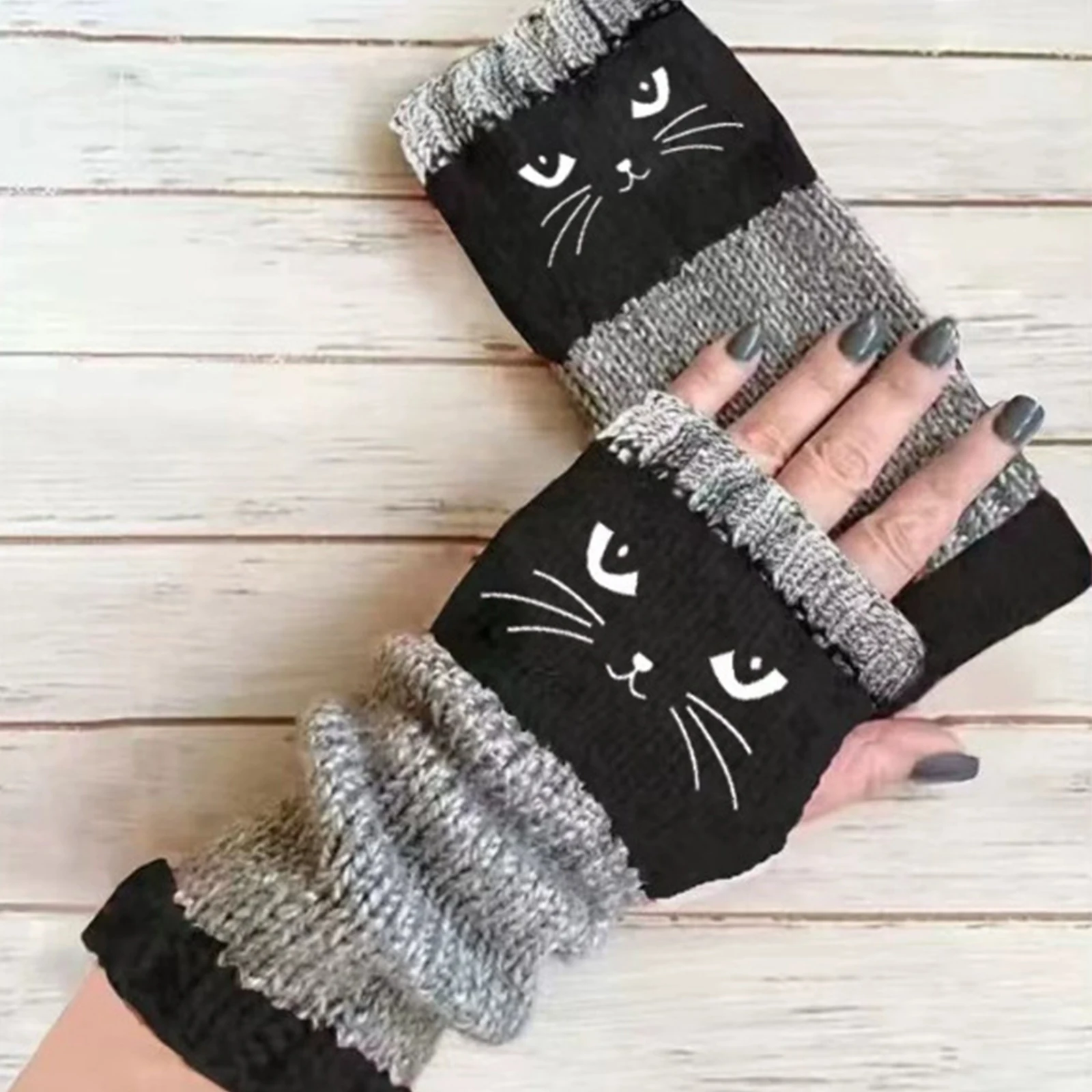 Womens Knit Fingerless Mittens Cute Cat Embroidery Splicing Kawaii Warm Gloves for Cold Weather Typing Working Driving