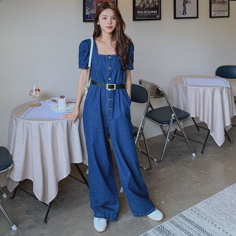 

High Waist Wide Leg Denim Jumpsuit Women Summer New Sle Bubble Sve Square Collar Suit Casual Comfortable Pants