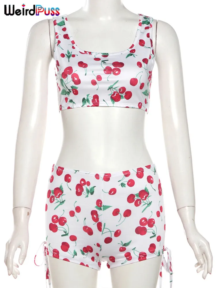 Nibber Cherry Print Damski dres 2-częściowy zestaw Y2K Casual Tank Tops + Shirring Shorts Stretch Simple Matching Streetwear Outfits