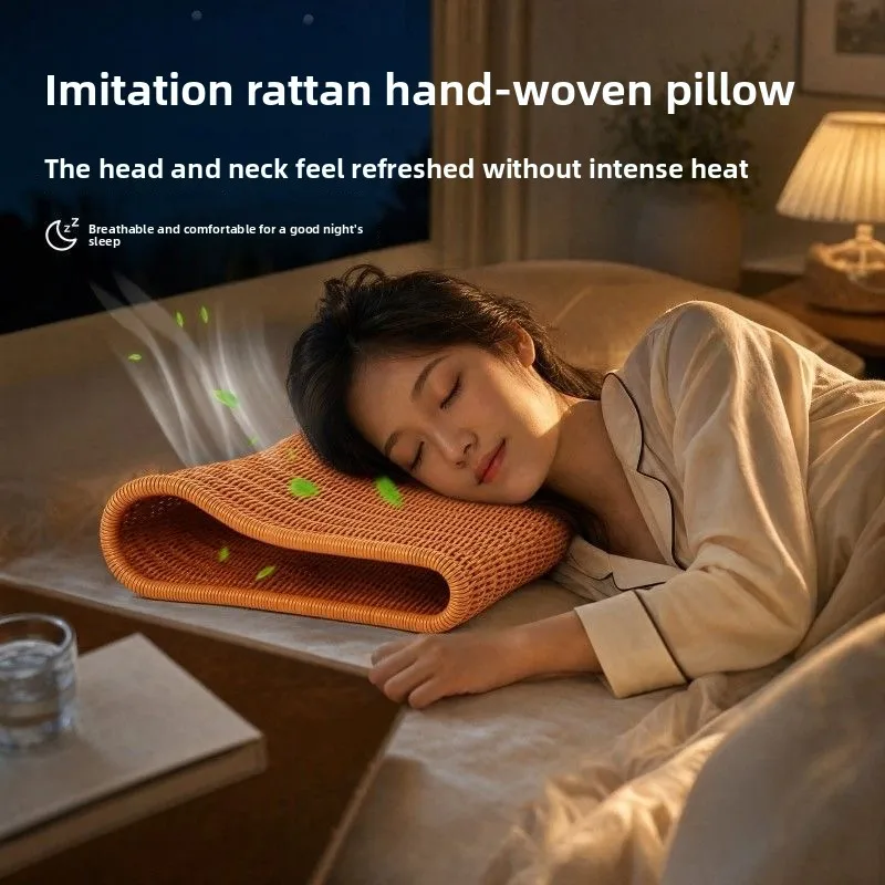 1PC Hand woven summer cool pillow cervical rattan pillow summer cervical washable hollow neck protection breathable pillow