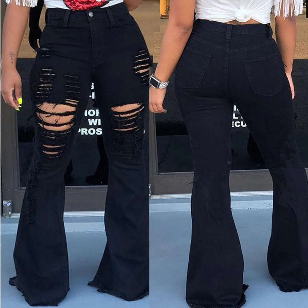 Hole Casual Flares Denim Button Jeans Fashion Zipper Ripped Trousers Women Pants Women\'s Jeans Womens Pants with Pockets