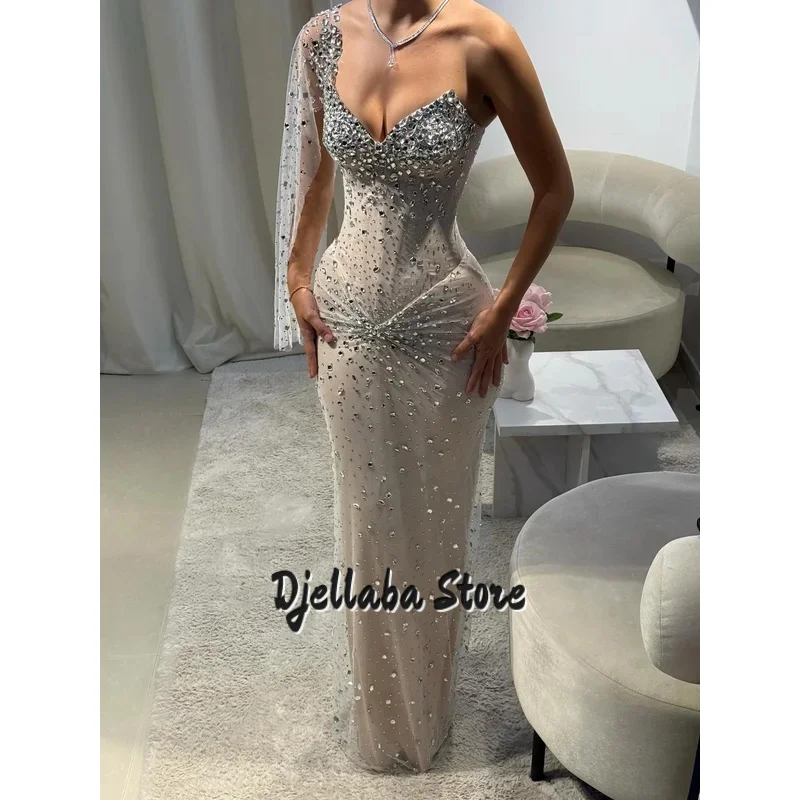 Preciosos Vestidos De Noche personalizados con un solo hombro y diamantes, Vestidos De Noche hasta el suelo, Vestidos De Noche formales plisados sexys