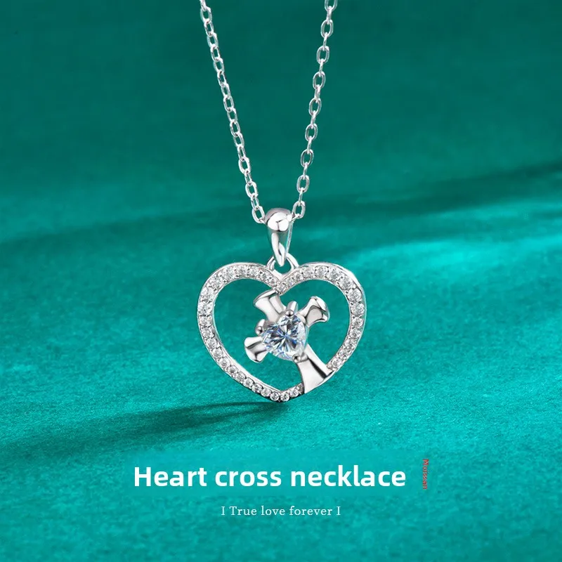 

0.5CT D-Color Heart Cross Moissanite Pendant Necklace, Platinum Plated S925 Sterling Silver, Exquisite Collarbone Jewelry
