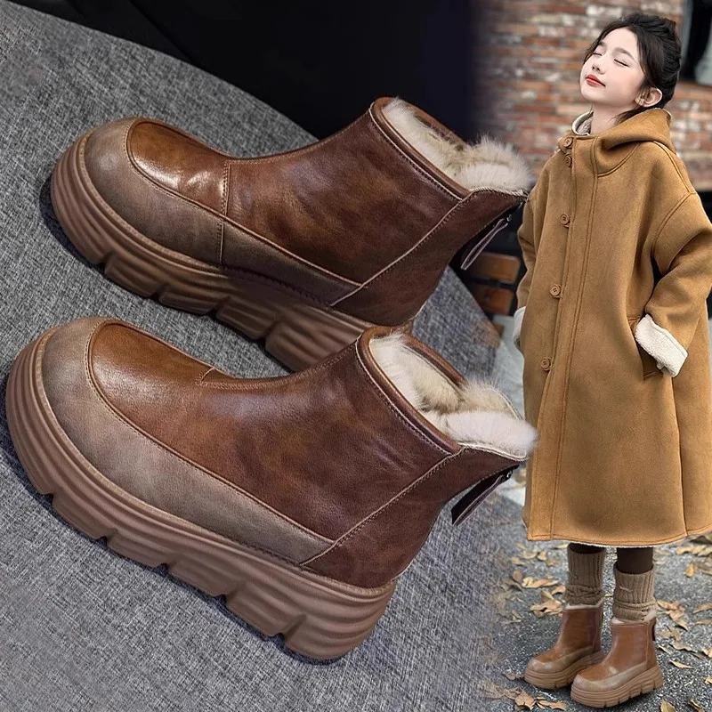 

Child Simple, High Quality and Warm Ankle Boots Genuine Leather Autumn Winter Plush Knee High Platform Wedge Fashion Boot
