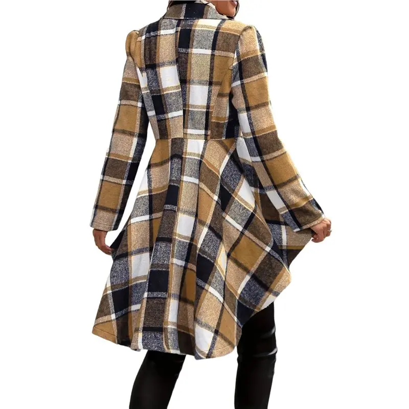 

CYL-Women Plaid Flowy Ruffle Hem Shacket Jacket Button Lapel Long Sleeve Cardigan Coat Babydoll Shirt Top