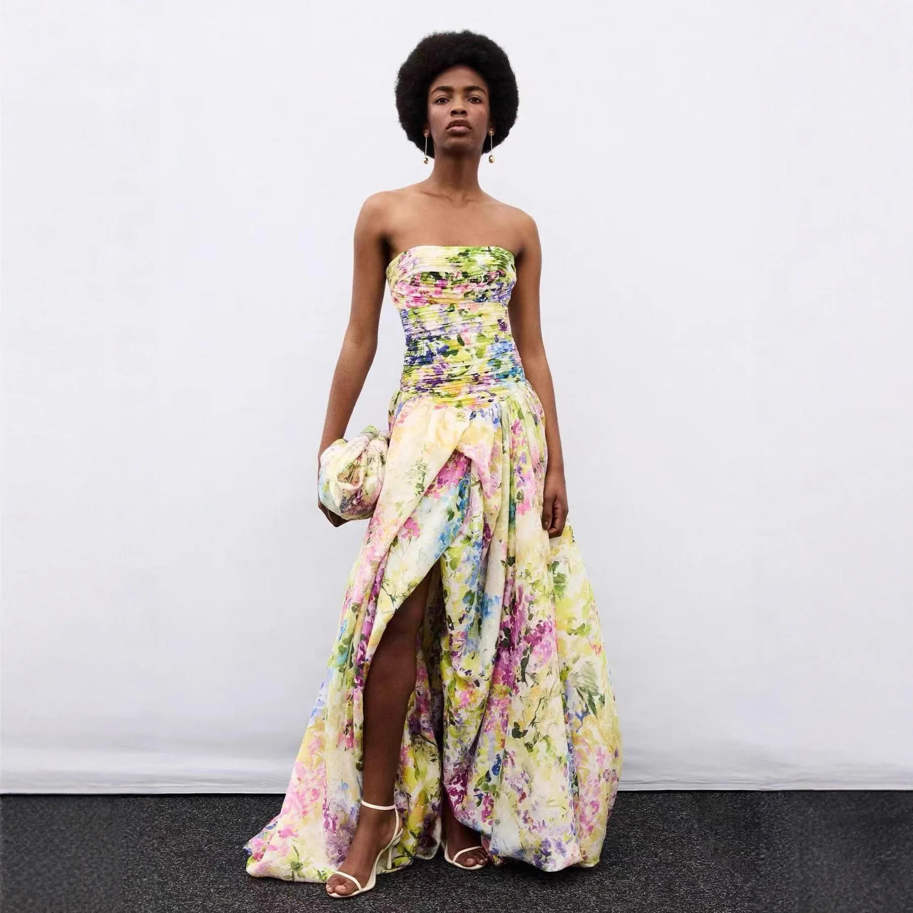 Ruched Bust Floral Print Vacation Evening Dress Women White Base Strapless High Waist Side Split Flowy Formal Maxi Party Dress