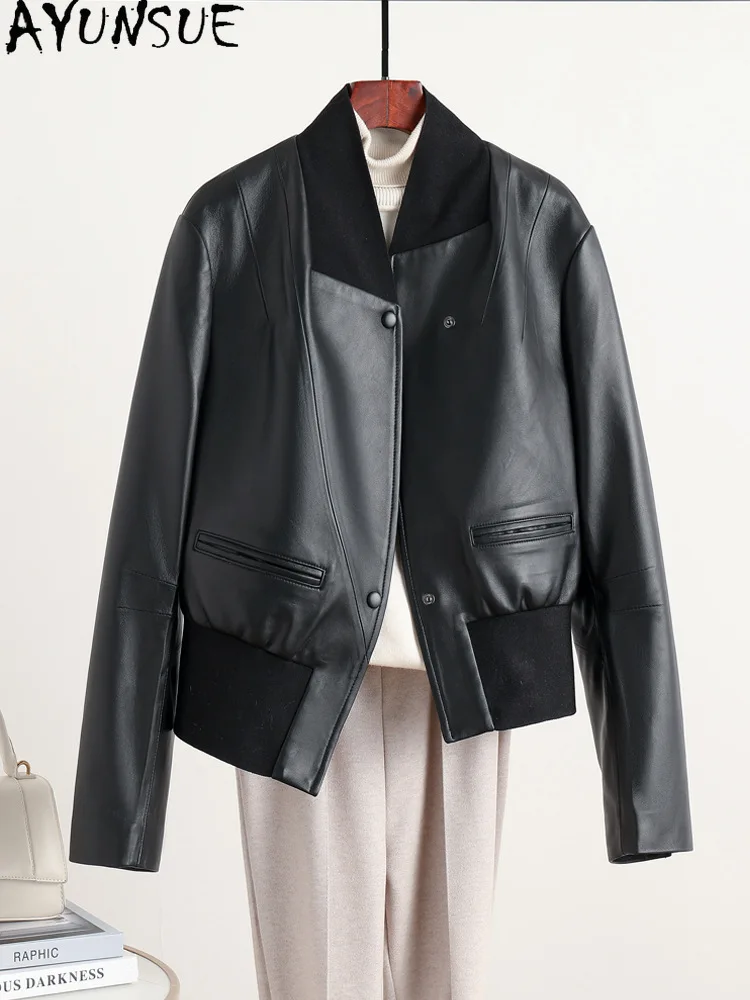 AYUNSUE-Veste courte en cuir véritable pour femme, manteau en peau de mouton véritable, vestes minces à col en V, mode féminine, 2023