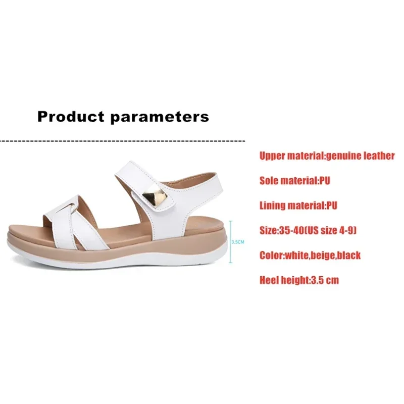 2023 Women Female Ladies Mother Genuine Leather Shoes Sandals Flats Soft Hook Loop Korean Bling Summer Beach Size 35-40