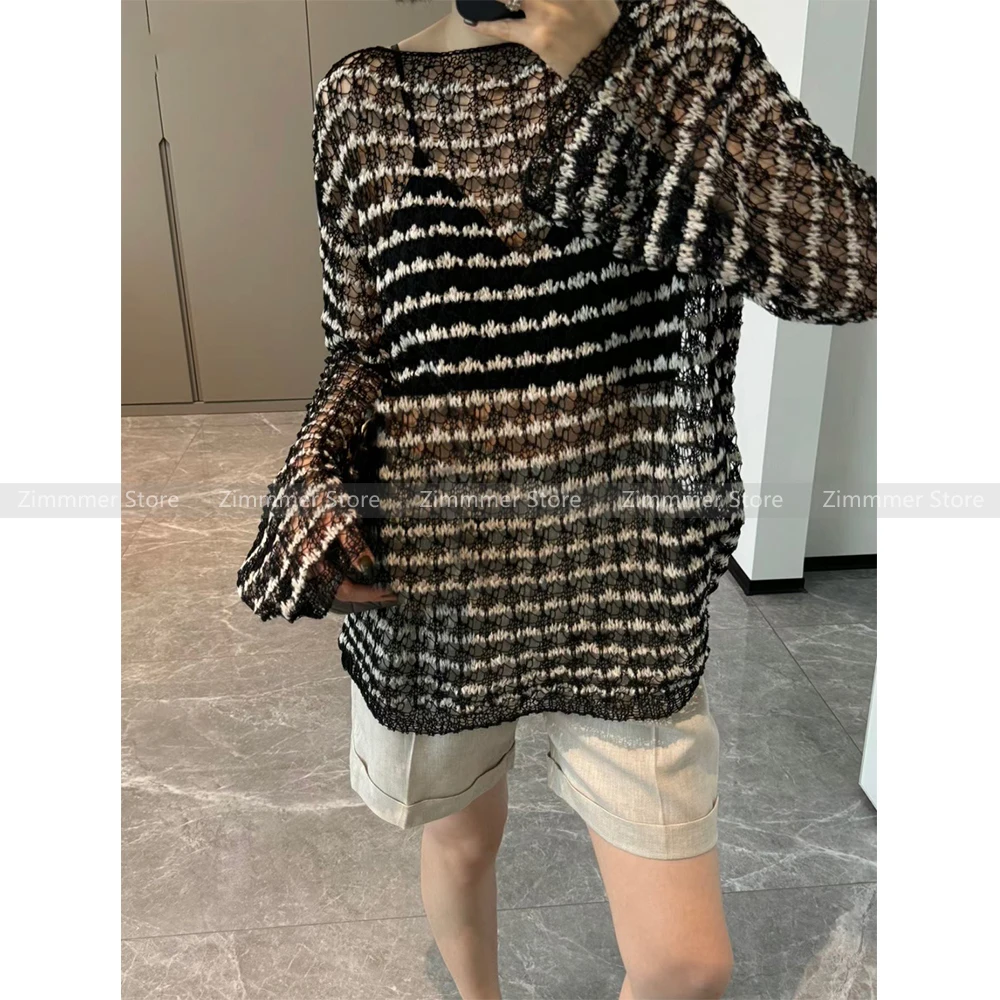 French black and white contrast heavy hollow knit design drop shoulder loose lazy style knitted blouse for women