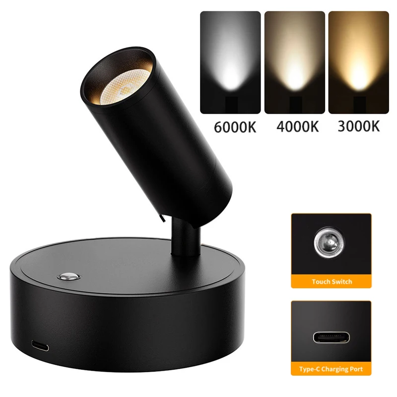 

Светодиодный настенный светильник для спальни, перезаряжаемый через USB, черный, белый цвет, магнитное основание с регулируемой яркостью и сенсорным переключателем для прикроватного обучения, чтения