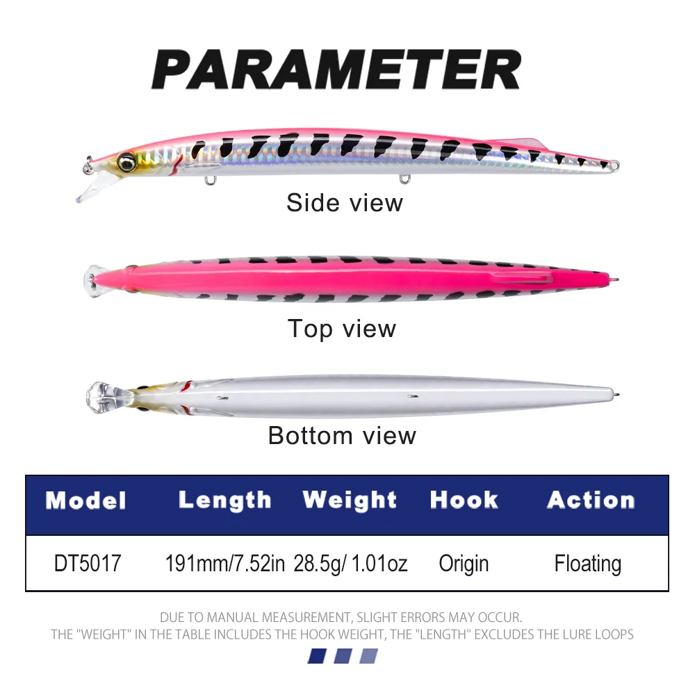 D1 Sandeel Minnow Fishing Lure 191mm 28.5g Floating Saltwater Long Casting Hard Jerkbait Wobbler for Seabass Pike Bass DT5017