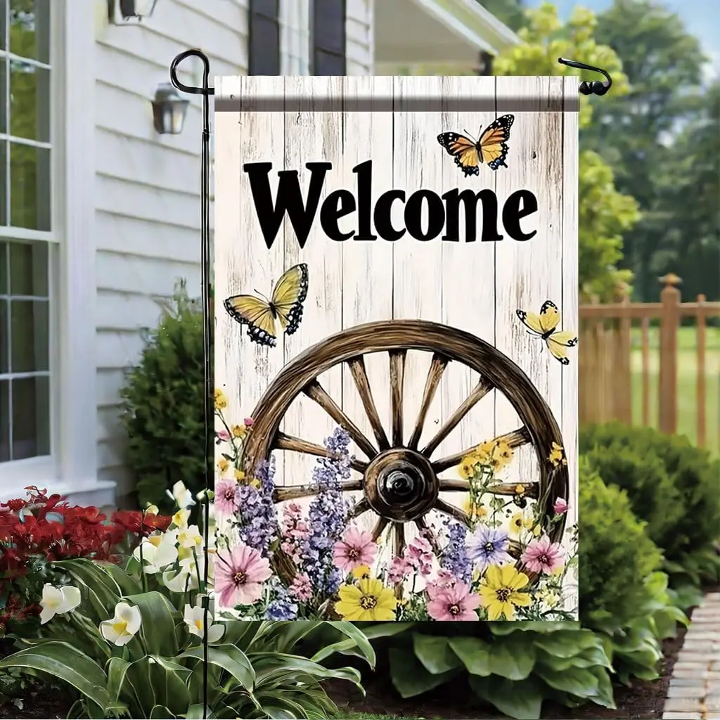 Welcome Spring Garden Flag 12x18 Inch Double Sided Outdoor Yard Banner Rustic Wagon Wheel Butterfly Flower Design for Farmho SSL