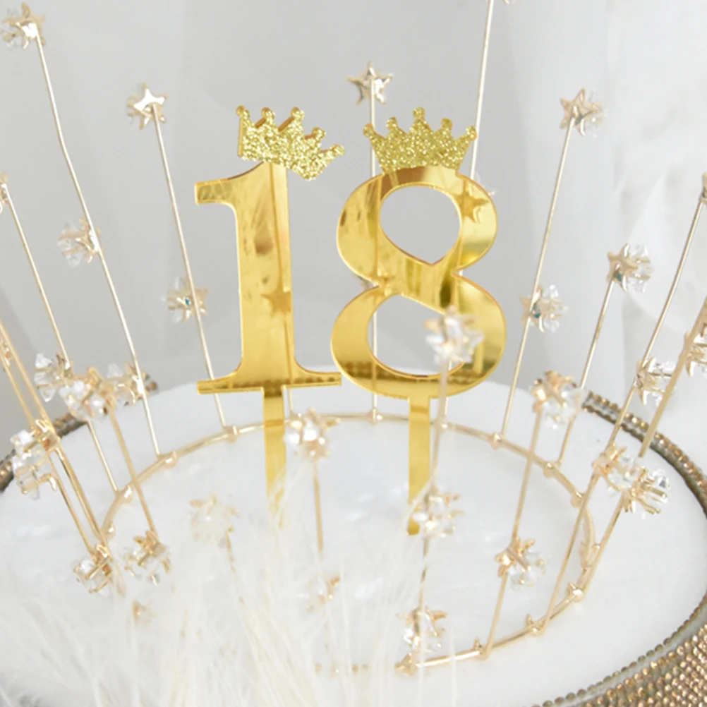 

10 Pcs Cake Decorations Birthday Crown Card Toppers Numbers Golden Acrylic Baby