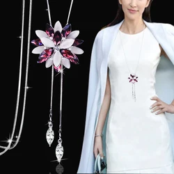 2024 Snowflake Pink Zircon Long Necklace Sweater Chain Crystal Rhinestone Opal Flower Pendant Necklaces Adjustable