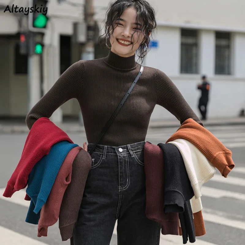 

Pullovers Women Slim Elastic Cozy Gentle Stand Collar Sweaters Pure Chic Korean Style Elegant Female Knitted Temperament Street