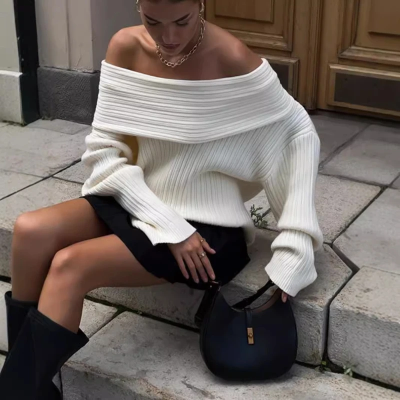 One Shoulder Sweater Sexy And Fashionable Europe And America Style 2024 Classic Long Sleeved Loose Solid Color Knitted Sweater