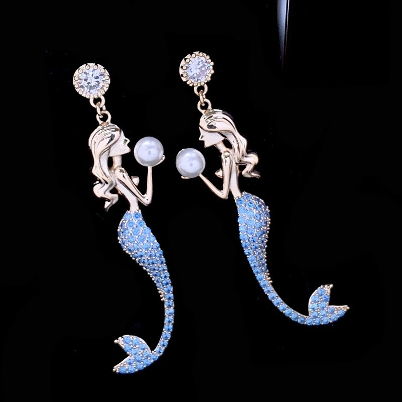 Cute Mermaid Dangle Earrings with Sparkling Blue Crystals and Simulated Pearl