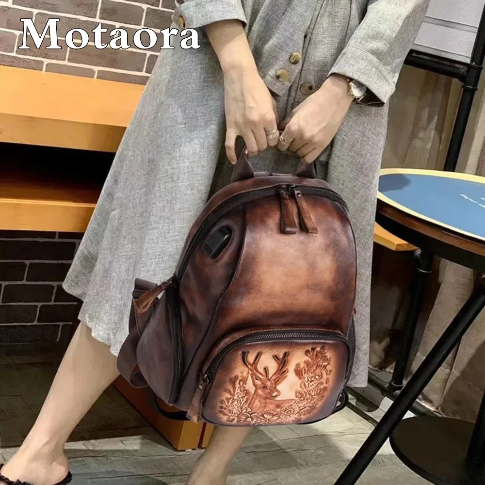 

MOTAORA Vintage Cowhide Leather Backpack for Women, Large Capacity USB Charging Travel Backpack, Everyday Use Anti-Theft Bag
