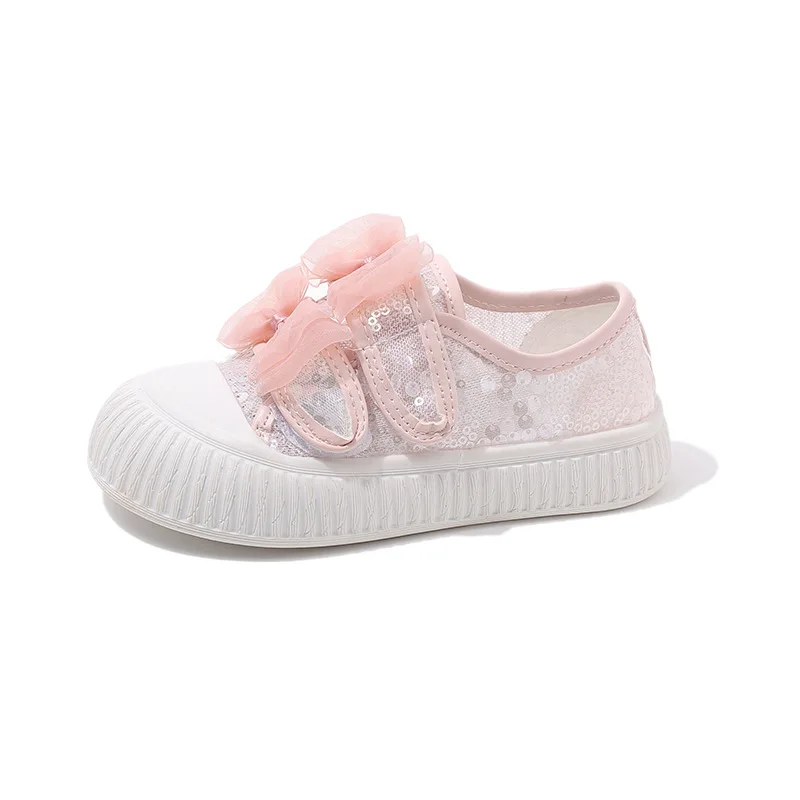 Girls\' Casual Flat Shoes 2024 Summer New Children Versatile Bow Princess Shoes Kids Cute Sweet Mesh Tennis Shoes with Sequins