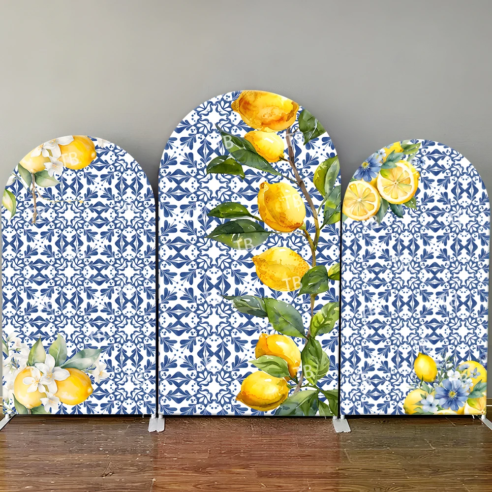 

Lemon Watercolor Arch Backdrop Cover Blue White Pattern for Summer Birthday Party Fresh Style Photo Booth Background Decor Prop