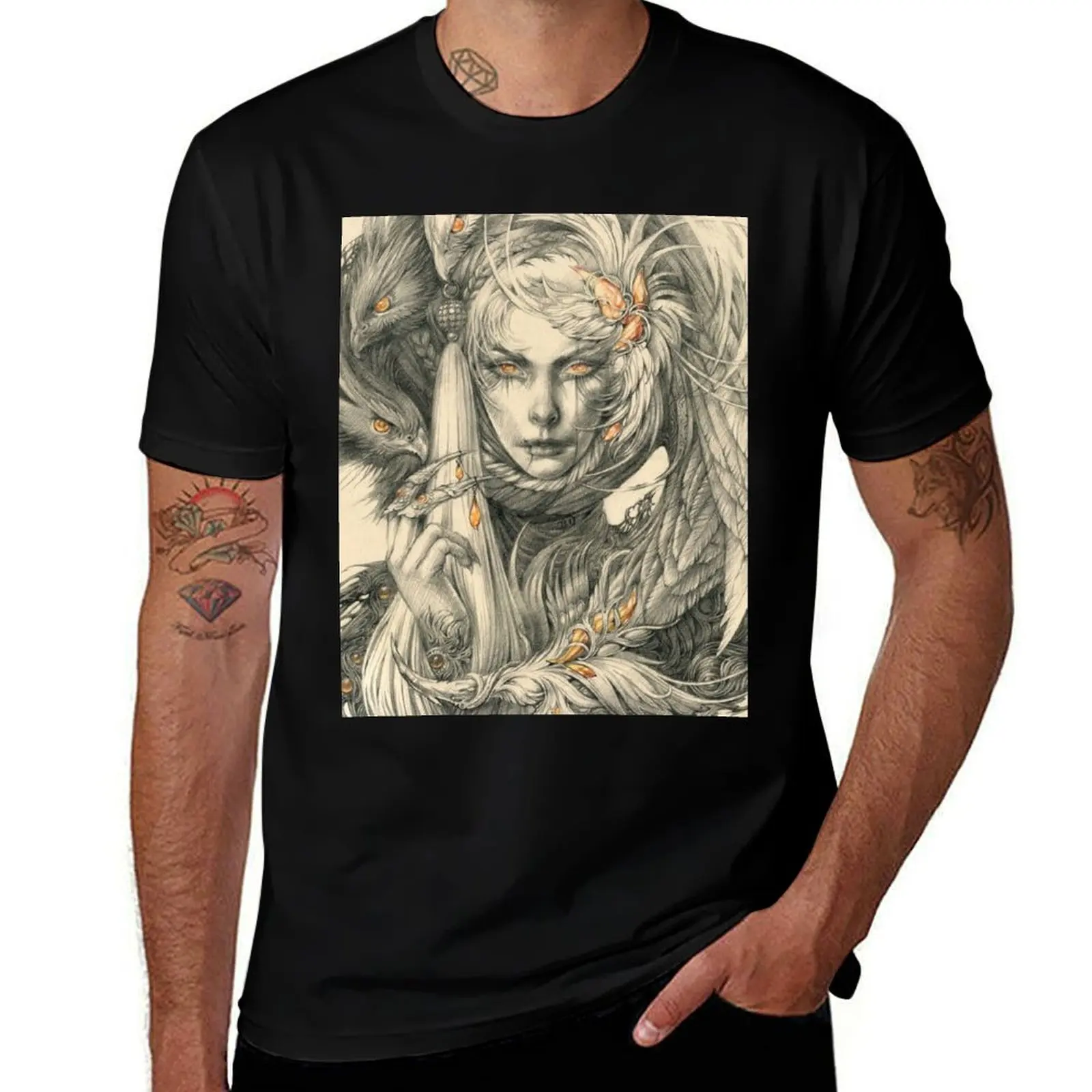 

Lady with hawks and amber jewelry T-Shirt t shirt custom print cotton t shirt man graphic t shirts for man T-Shirt