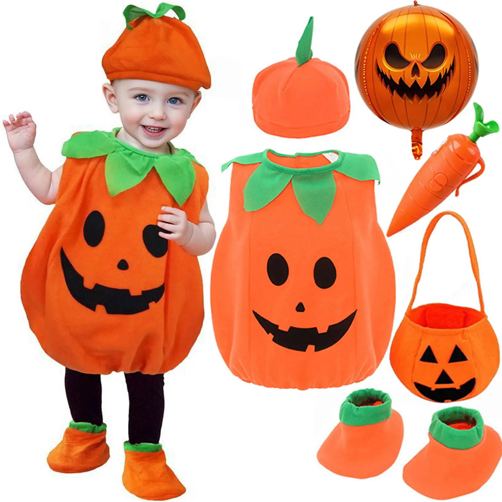 2026 Halloween Carnival Boys Girls Cosplay Stage Performance Party Pumpkin Infant Yellow Costume with Hat + Accessories Set