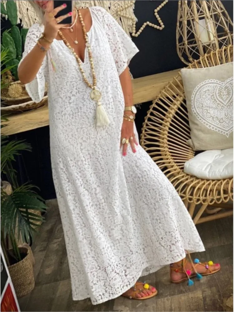 

Women Elegant Lace Long Dress Sexy V-neck Loose Solid Vintage Maxi Dresses Female Spring Summer Fashion Casual Vestidos Female
