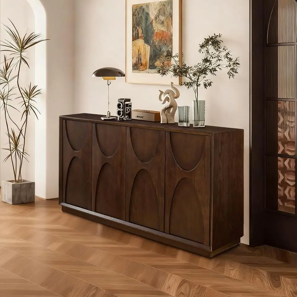 Walnut Accent Storage Cabinet with 4 Doors & Adjustable Shelves for Living Room, Kitchen, and Entryway