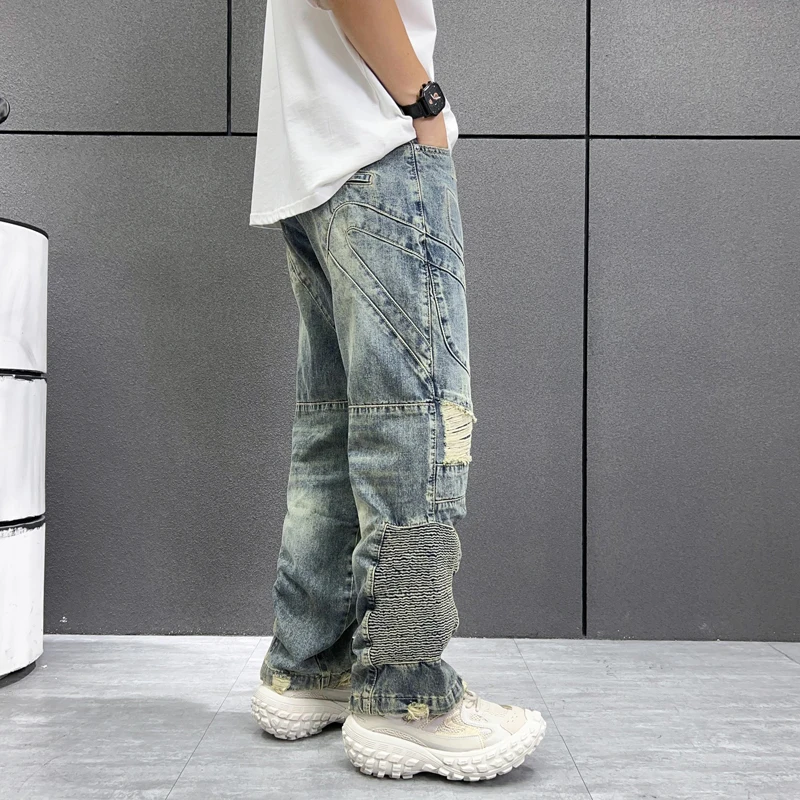 Personalized fashion 3D printing pattern Street beat high-end retro hole men's jeans openwork zipper casual pants wide-legged