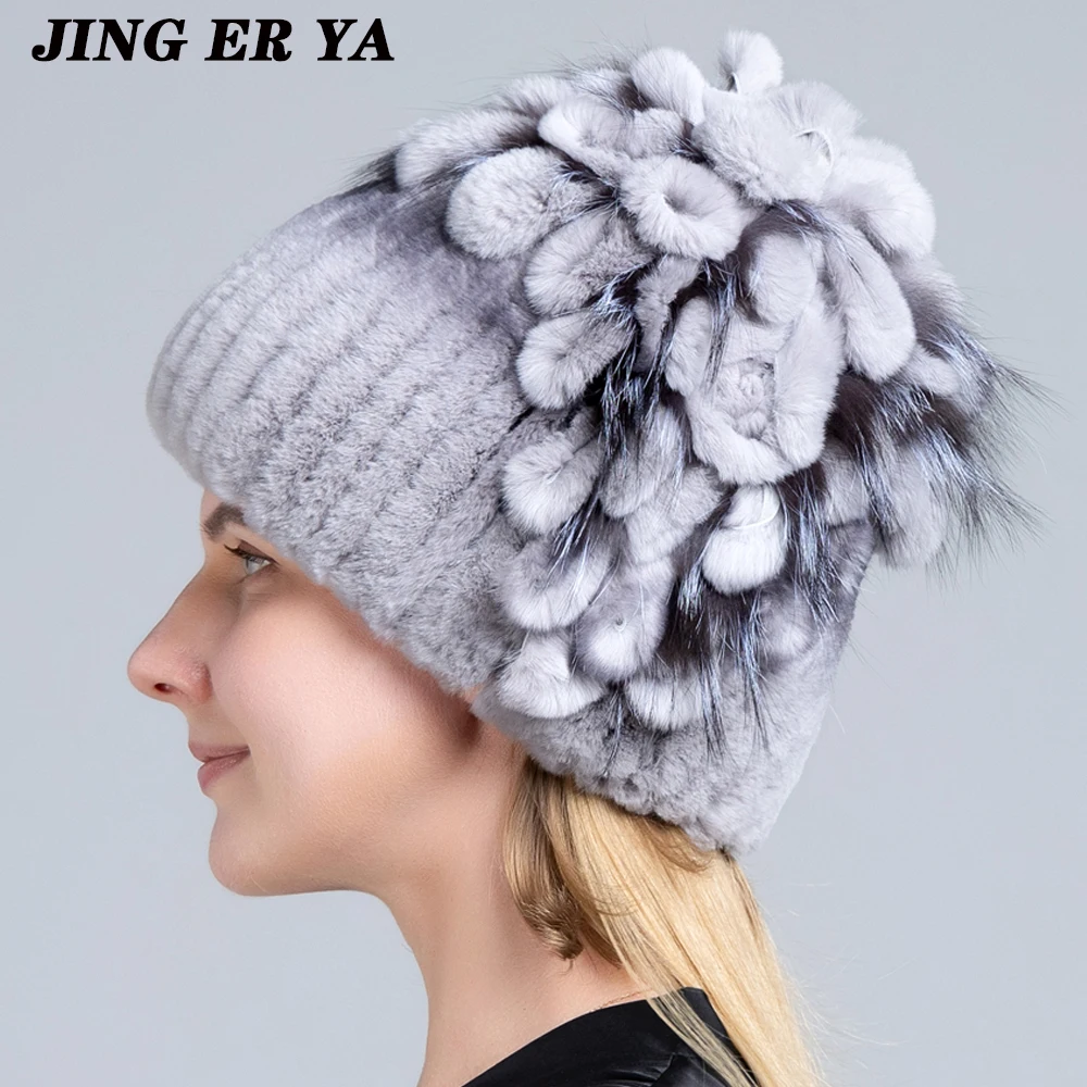 JERYAFUR Winter Women\'s Warm Fashion Beanie Knitted Hat Real Rex Rabbit Fur Hat Knitted with Side Flower Russia Hat