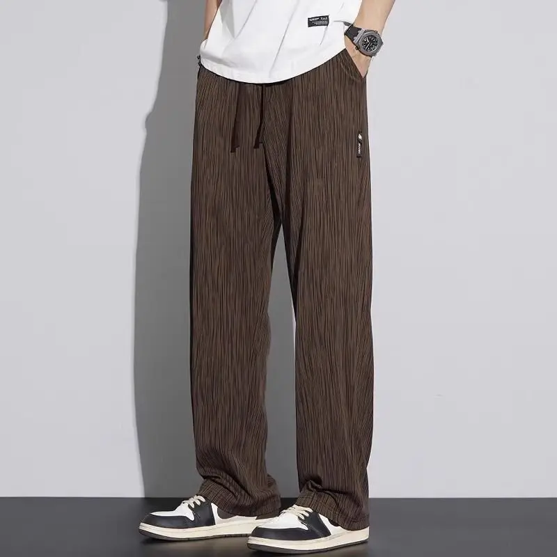 Men's Casual Loose Straight Leg Pants Vintage Striped Elastic Waist Cargo Trousers Comfortable Breathable Quick Dry Anti-Wrinkle