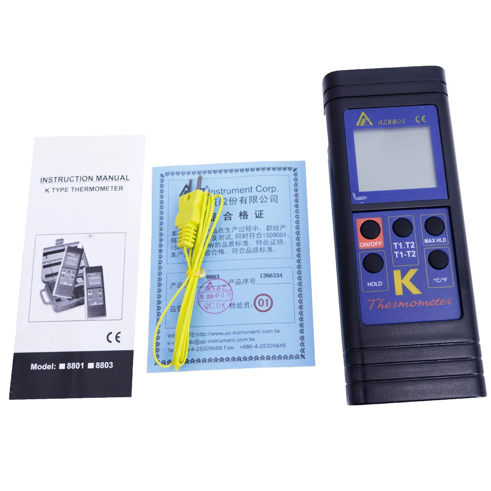 AZ8803 ميزان الحرارة الرقمي المحمول من النوع K نوع الإدخال المزدوج K ميزان الحرارة الحراري ثنائي القناة