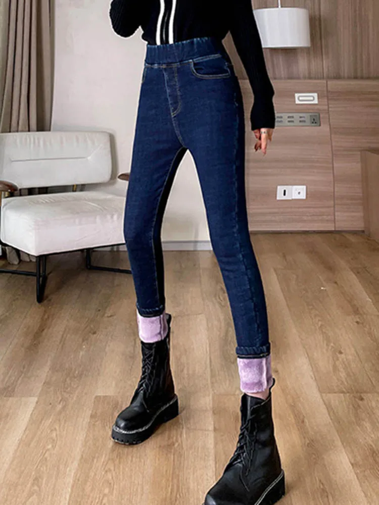 กางเกงยีนส์ผู้หญิงทรงสกินนี่เอวสูงบุผ้ากำมะหยี่หนานุ่มสไตล์เกาหลีแฟชั่นวินเทจสีพื้น