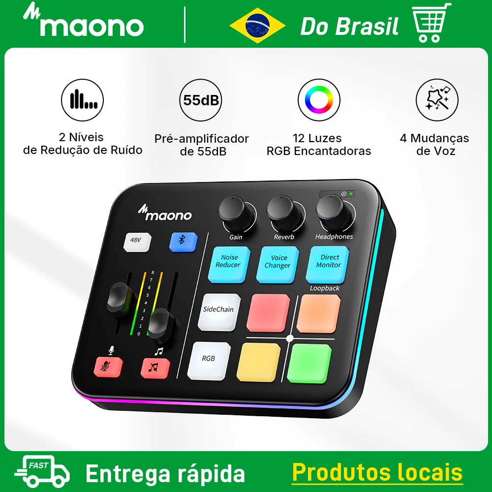Inventário do Brasil MAONO G1 NEO Gaming Audio Mixer, efeitos sonoros personalizados RGB Streaming com microfone XLR Interface de áudio, para voz de jogo, podcast Inventário do Brasil MAONO G1 NEO Gaming Audio Mixer, efeitos sonoros personalizados RGB Streaming com microfone XLR Interface de áudio, para voz de jogo, podcast