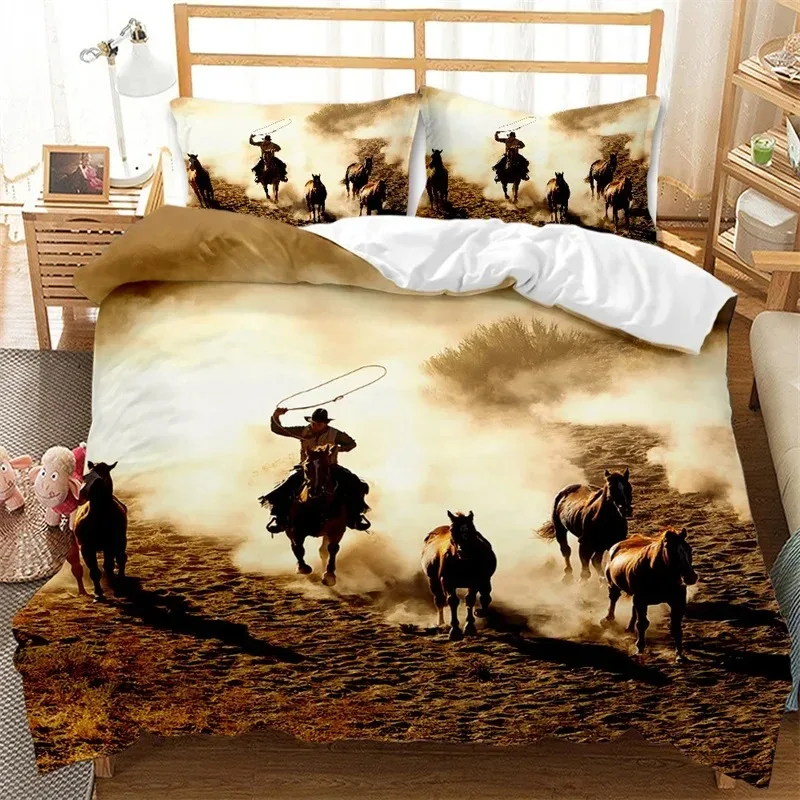 

Western Cowboy Duvet Cover Set Single King Wild West Themed Cowboy Bedding Set Microfiber Rodeo Cowboy Riding Horse Quilt Cover