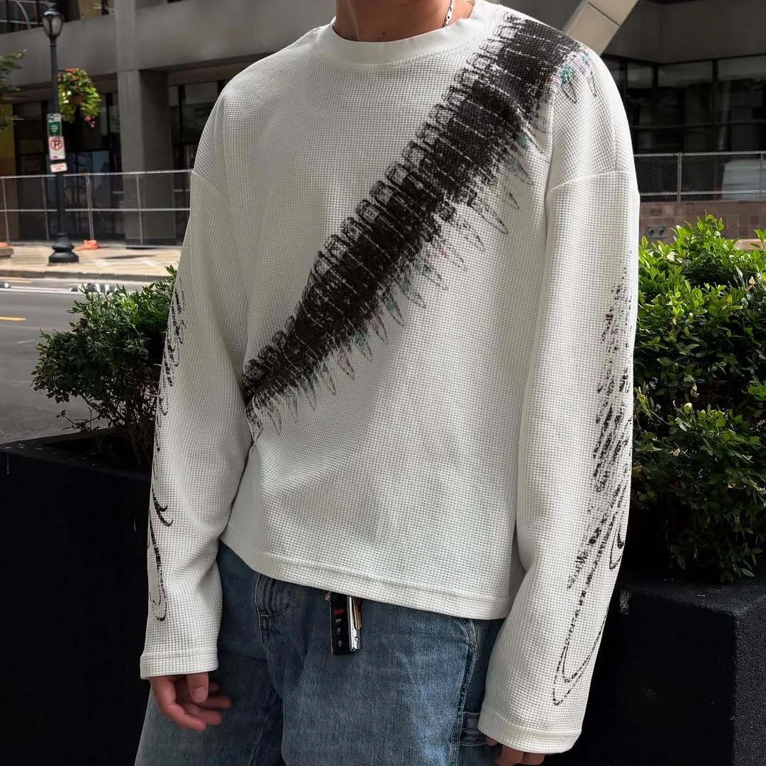 Fashion Print Y2K Streetwear Loose O-Neck Bullet Letter Printed American Retro Pullover Waffle Long Sleeve T-shirt Casual Outfit