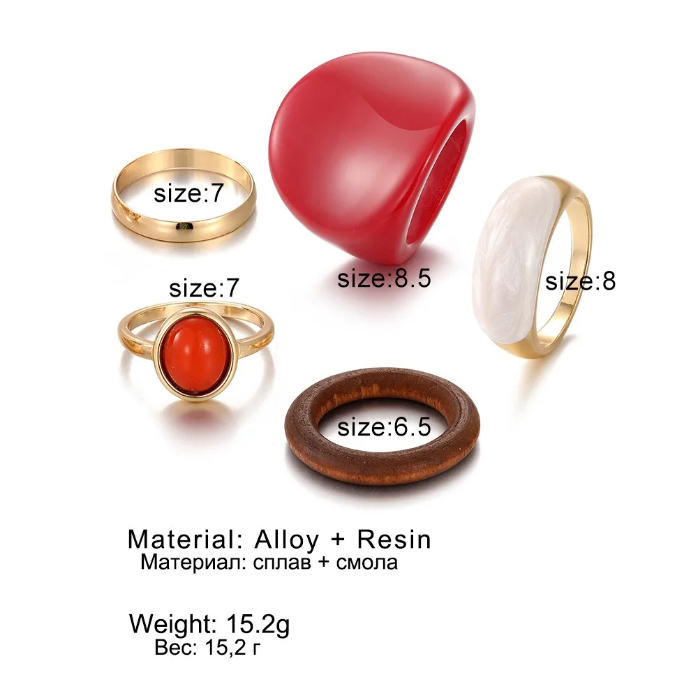 5pcs Set Vintage Creative Design Acrylic Red Large Switchfinger Rings for Women Charm Gemstone Ring Jewelry Party Set Gift