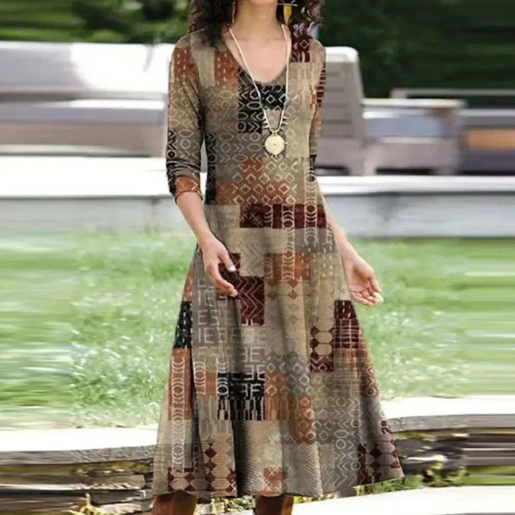 

Vintage Flower Maple Leaf Print Midi Dress V-Neck 3/4 Sleeve Large Swing Dress Autumn Lady A-Line Party Elegant Dress